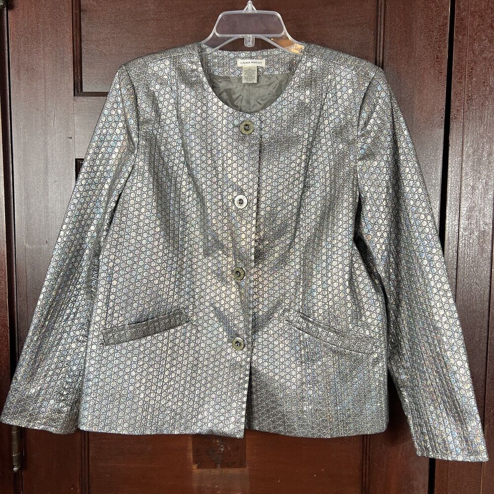 VTG Laura Ashley Metallic Blazer Jacket Size Large Silver Party Holiday Trip